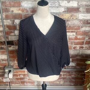Atmosphere Black and White Polka Dot 3/4 Quarter Sleeve V Neck Faux Wrap Blouse